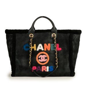 Rare CHANEL Deauville 21B Black Shearling Fur Multicolor Logo Shoulder Tote Bag